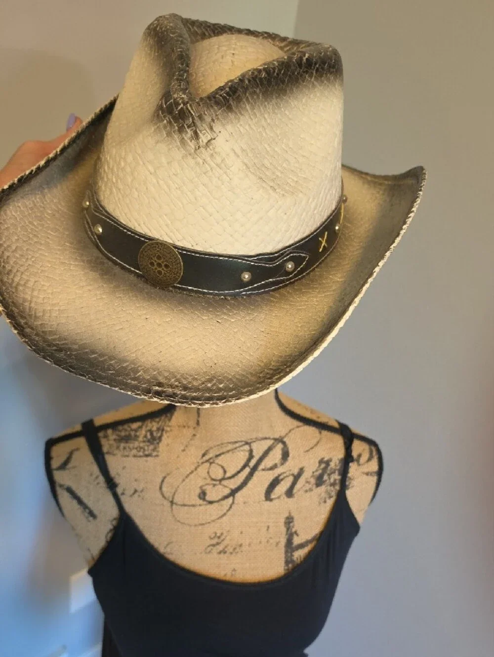Western Straw Cowboy Hat in White with Black Trim